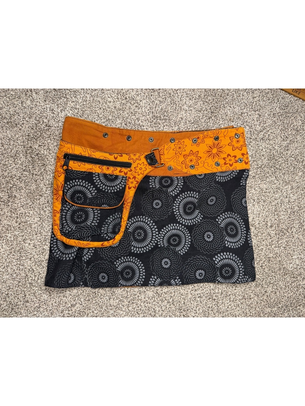 Festival Orange and Black Patterned Wrap Skirt with Removable Pocket